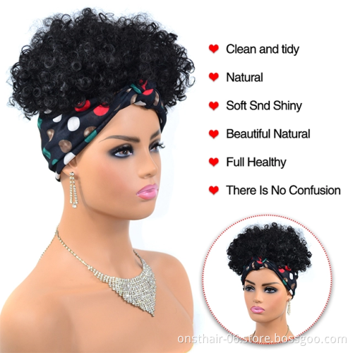 Afro Puff Turban Synthetic Wig Short Kinky Curly Headwrap Drawstring Wrap-wig 2 in 1 Updo Head-Wrap Wig for African American